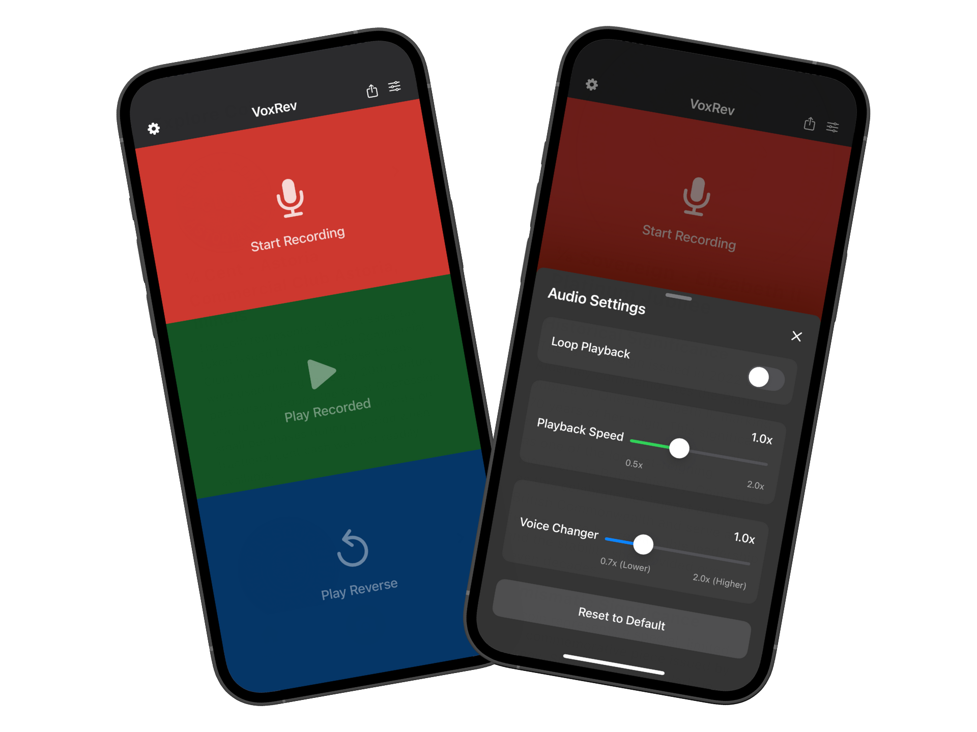 Reverse Audio app interface showing audio recording and playback features